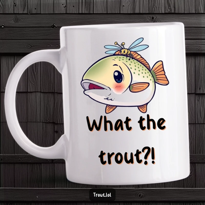 Funny Surprised Kawaii Trout Mug with wide eyes as a dragonfly hovers near, capturing a humorous moment.