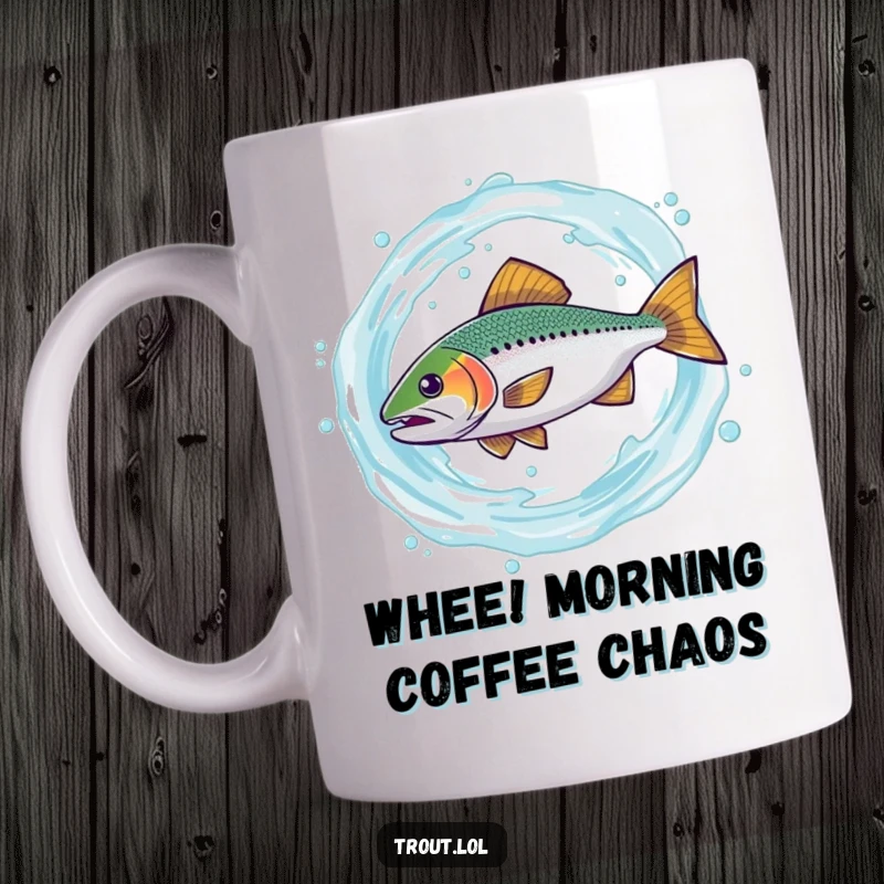 Funny mug illustrating a trout comically spinning wildly within a dynamic swirl of water, depicting a humorous, chaotic moment of aquatic fun.