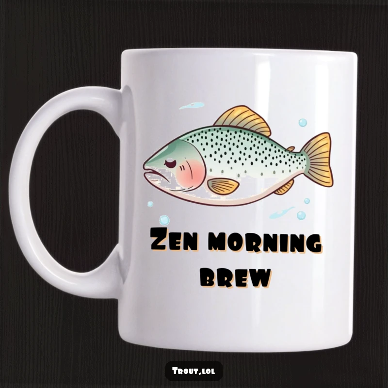Funny mug showing a trout with closed eyes serenely floating in clear water, embodying peace and relaxation.