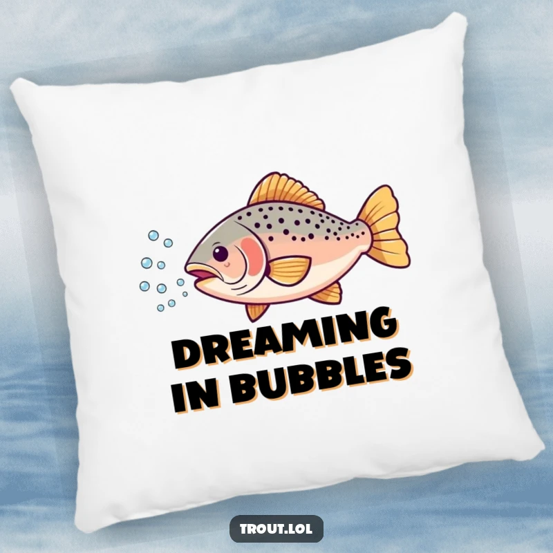 Funny pillow with a charming trout blowing tiny bubbles, offering humorous and soft comfort for any seating area.