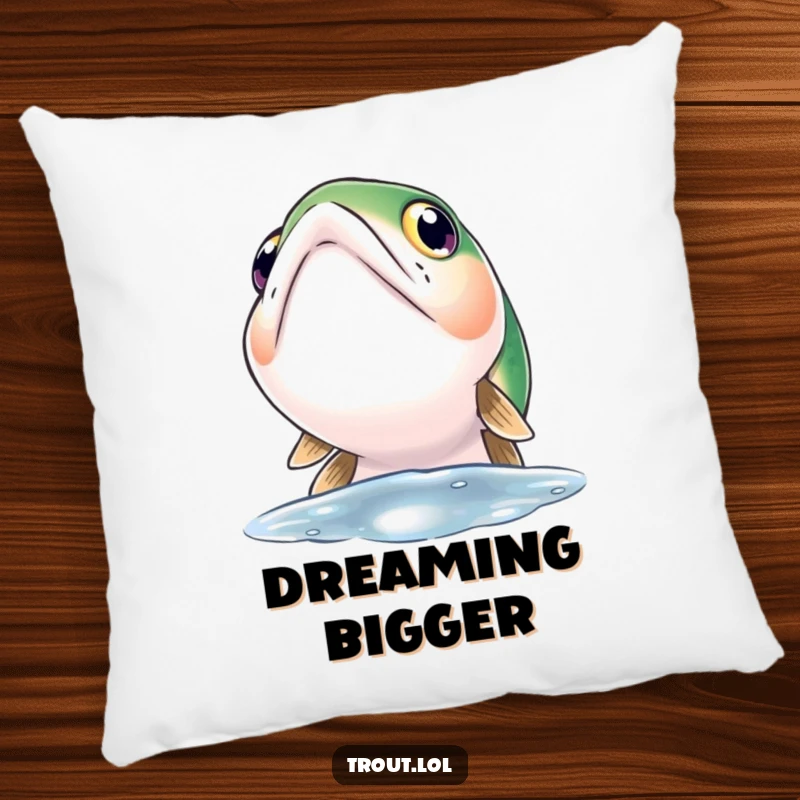 Funny pillow showcasing a trout with large, curious eyes gazing upwards towards the surface, perfect for comfort and contemplation.