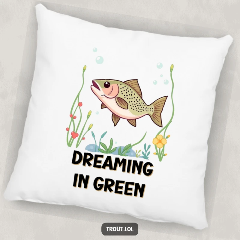 Funny pillow showcasing a trout dancing through underwater plants, adding a humorous and comforting touch to decor.