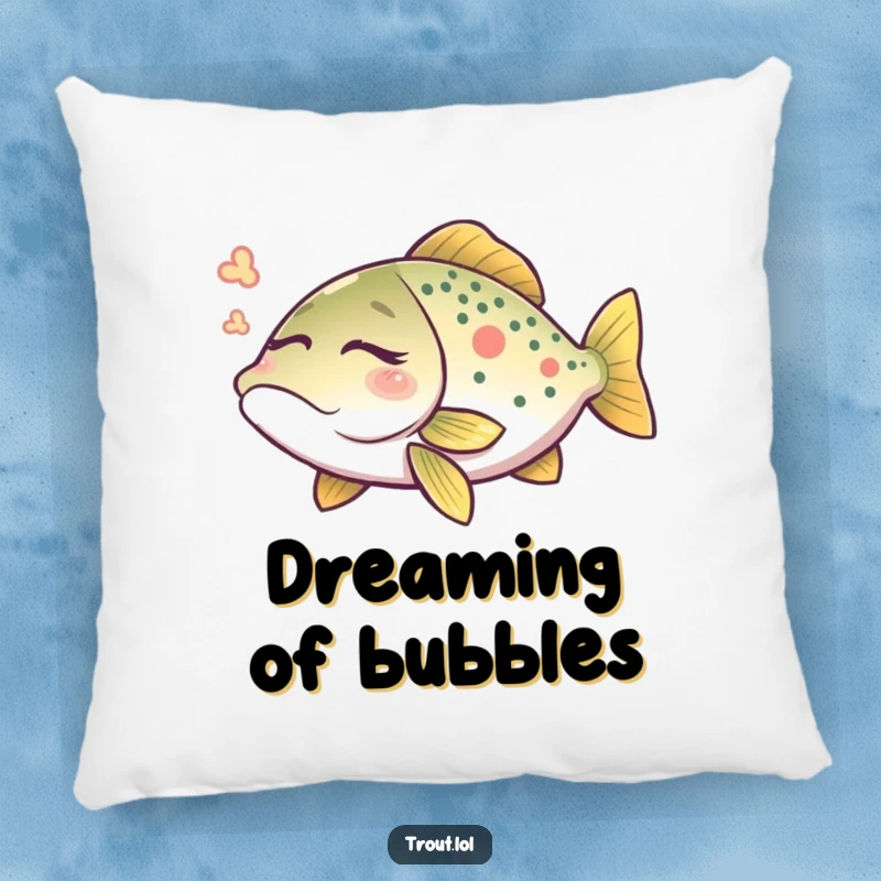 Funny trout dream pillow featuring a peaceful trout dreaming with closed eyes, perfect for cozy comfort.