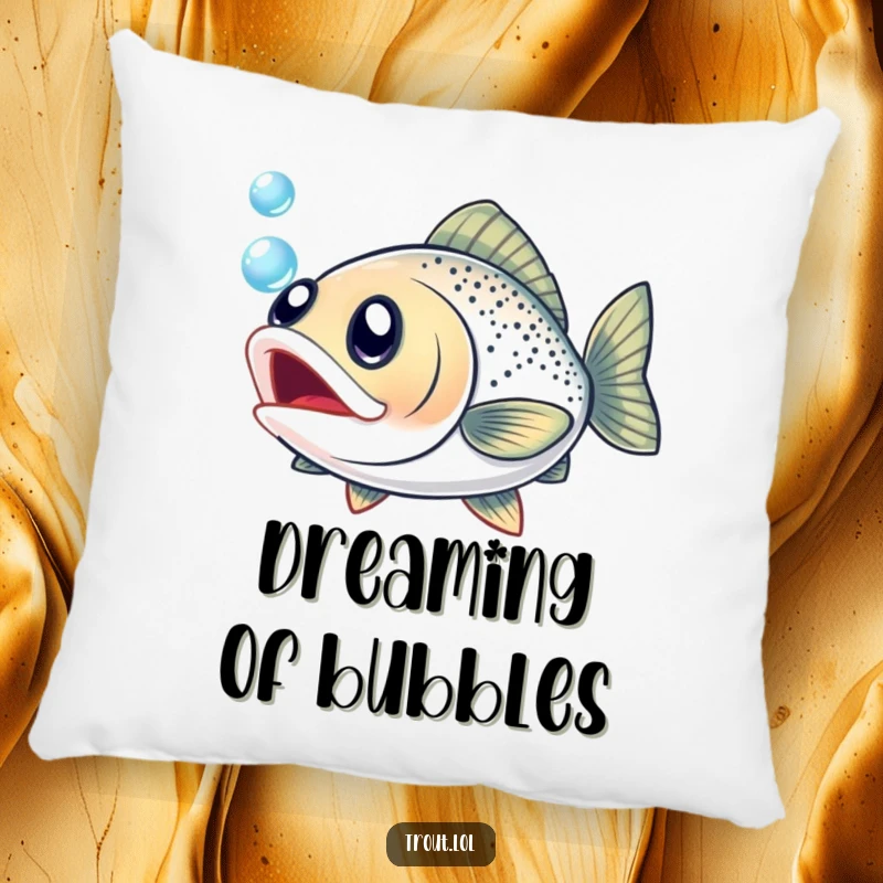 Funny pillow featuring a wide-eyed trout pursuing a shiny bubble, offering comfort and aquatic charm.