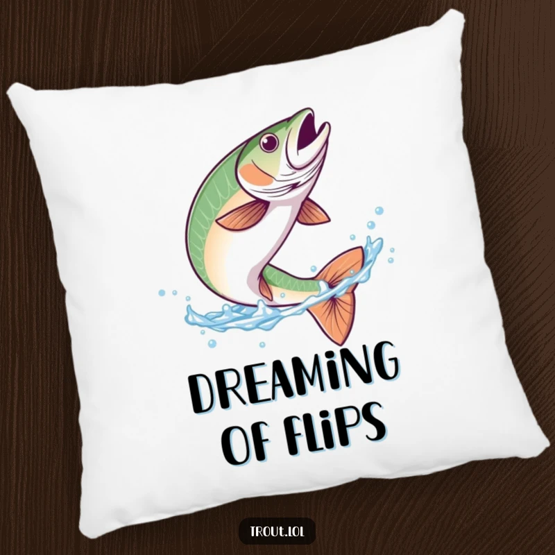 Funny decorative pillow featuring a trout performing a graceful flip in clear blue water, offering comfort and aquatic humor.