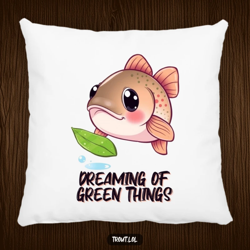 Funny pillow design of a trout with large, curious eyes, captivated by a floating leaf, offering a humorous and cozy touch to any seating area.