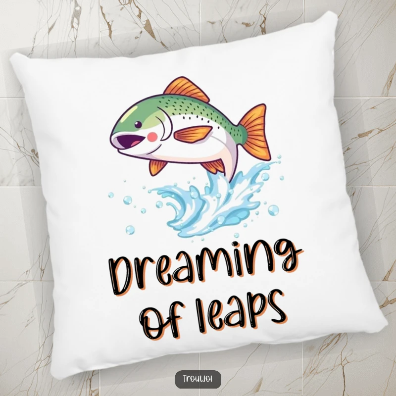 Funny pillow with a cute kawaii trout joyfully leaping from a sparkling wave, perfect for cozy decor.