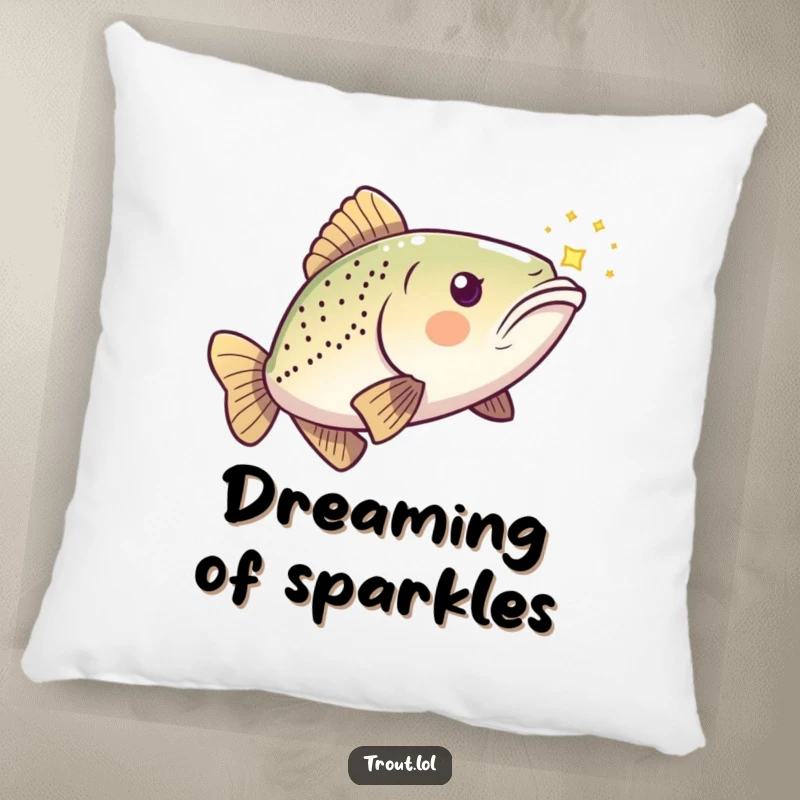 Funny Kawaii Trout Pillow featuring a playful fish chasing a shimmering light, a plush item of humor.