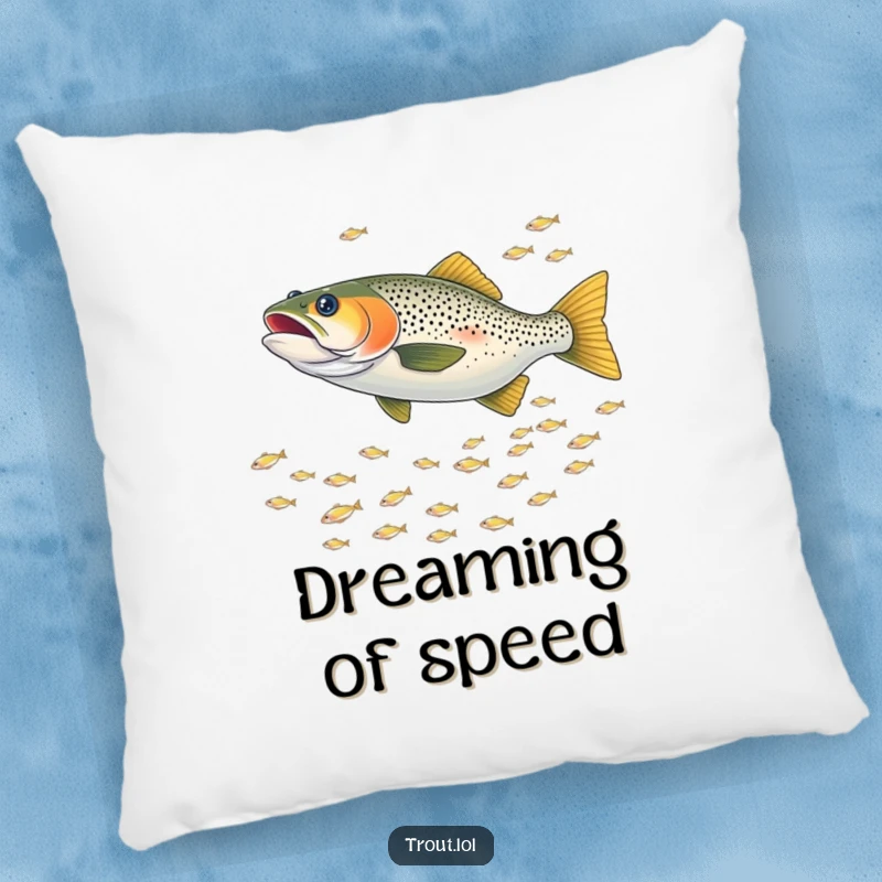 Funny pillow featuring a trout playfully chasing a school of tiny shimmering fish, bringing a sense of dynamic fun and aquatic action.