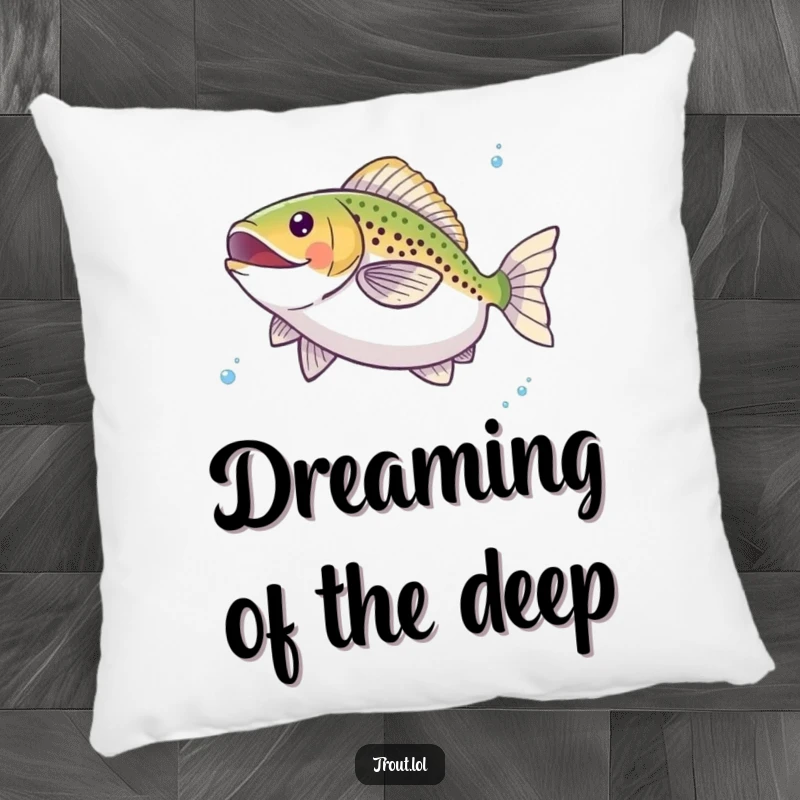 Funny pillow showcasing a trout's happy twirl motion underwater, offering plush comfort and a dose of aquatic humor for your home decor.