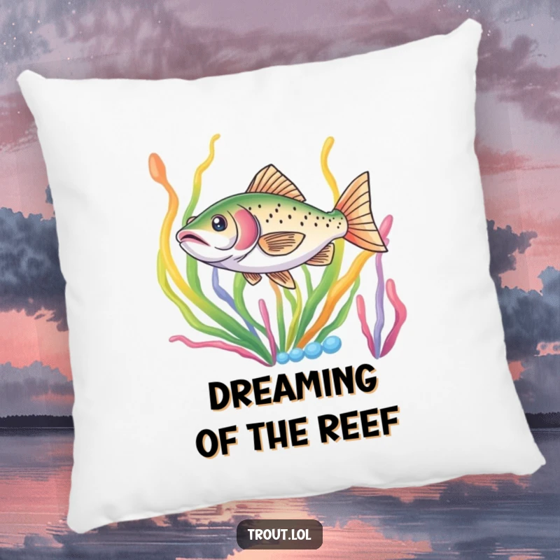 Funny pillow featuring a trout darting through colorful seaweed, perfect for adding aquatic charm and cozy comfort.