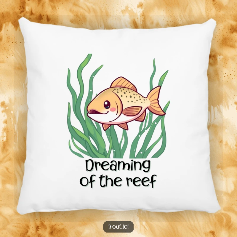 Funny pillow featuring a smiling kawaii trout nestled amongst flowing seaweed, perfect for adding cozy ocean-themed comfort.