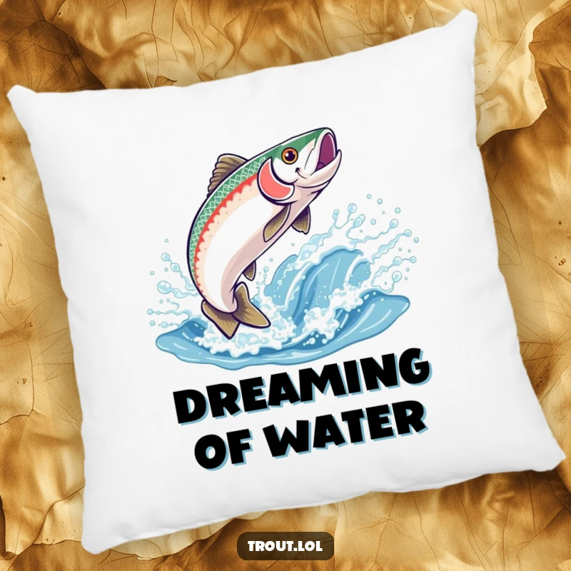 Funny pillow featuring a happy trout leaping energetically out of a sparkling wave, perfect for adding comfort and humor.