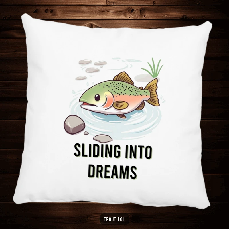 Funny pillow featuring a trout with an expression of pure bliss, sliding down a water current, perfect for comfort.