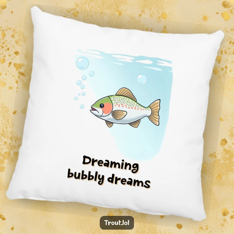 Funny pillow featuring a trout playfully blowing bubbles underwater, bringing a sense of calm, fun, and aquatic charm.