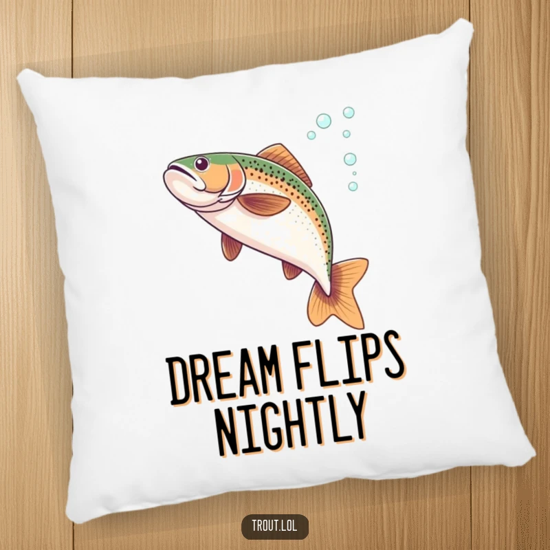 Funny pillow depicting a trout performing a graceful flip underwater, surrounded by whimsical bubbles.