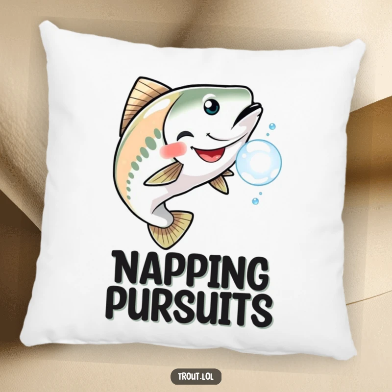 Funny pillow showcasing a trout with a happy grin, playfully pursuing a shimmering bubble, perfect for comfort and smiles.