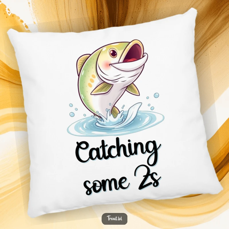 Funny pillow with a grinning trout character leaping joyfully from the water, offering soft and humorous comfort.