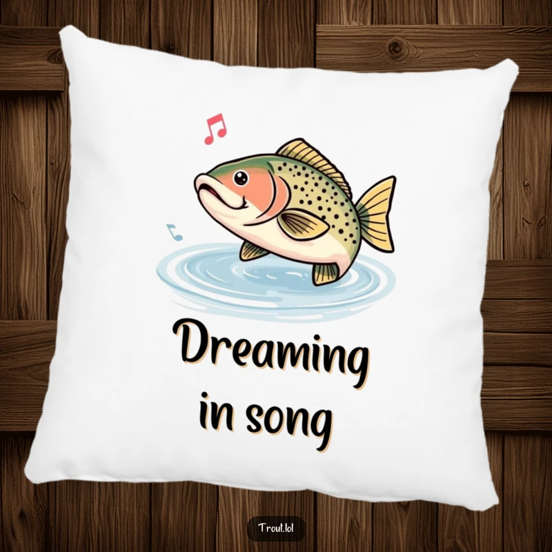 Funny pillow featuring a trout humming a happy tune, surrounded by musical notes, ideal for adding comfort and calm.