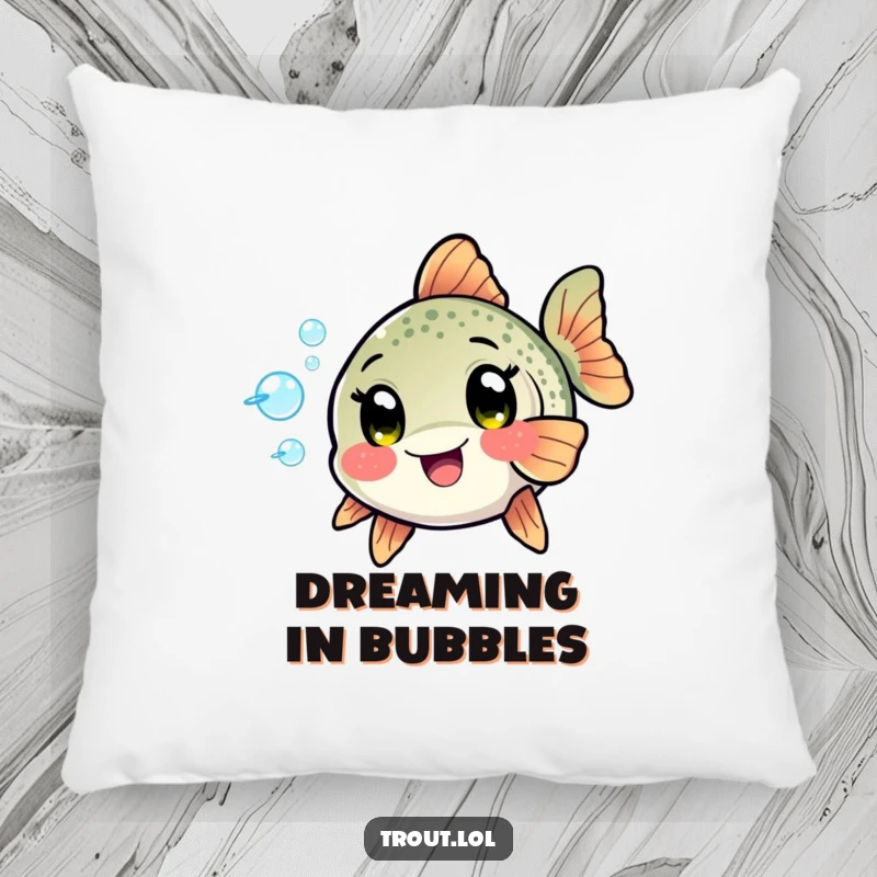 Funny Kawaii Trout Pillow: A soft pillow featuring a trout with excited eyes playfully blowing bubbles, offering cozy comfort and fishy humor.