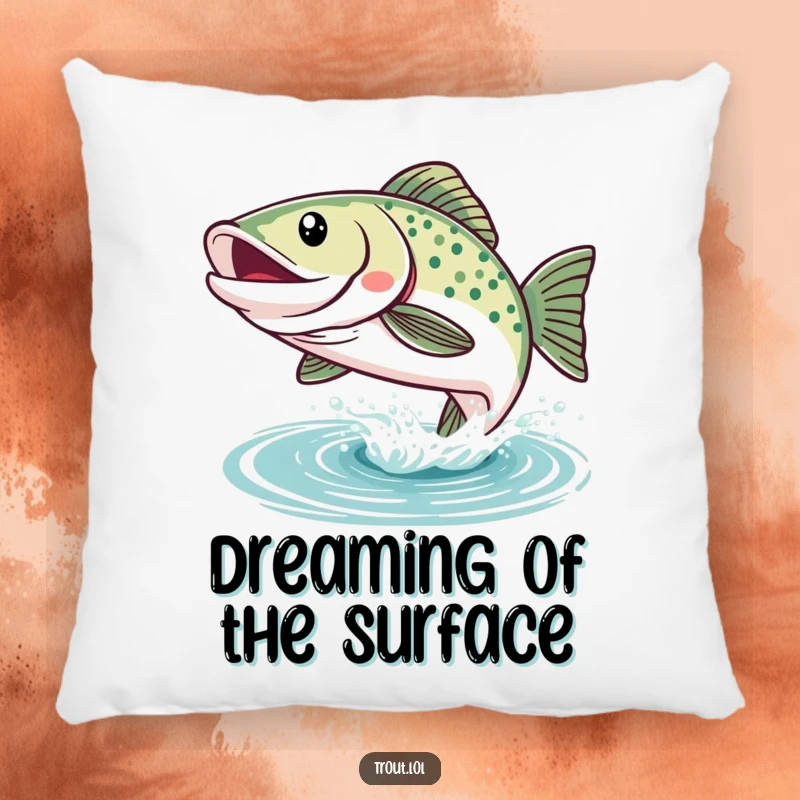 Funny Kawaii Trout Pillow: A soft pillow featuring a happy trout leaping from the water, offering cozy comfort and fishy humor.