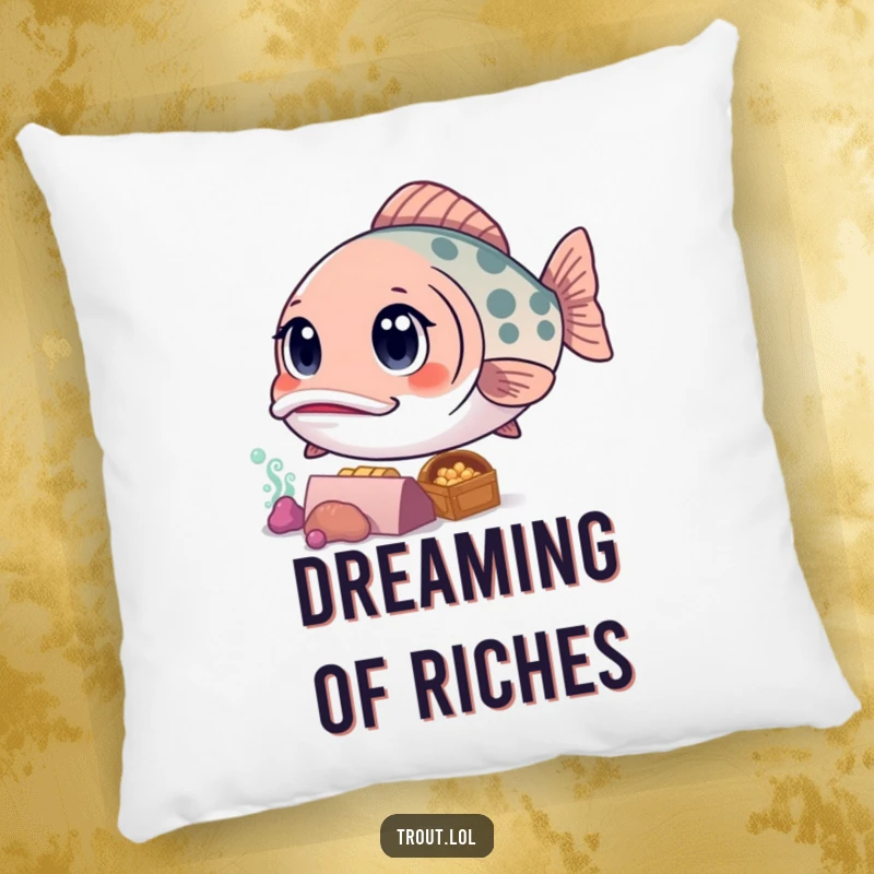 Funny pillow featuring a curious kawaii trout gazing at sunken treasure, perfect for adding cozy ocean-themed comfort and wonder.