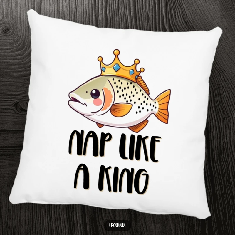 Funny Kawaii Trout Pillow with a tiny crowned trout swimming majestically, a plush item of humor.