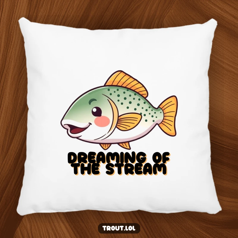 Funny kawaii trout pillow featuring a happy, wiggling fish, offering comfort and humor, a perfect funny gift for relaxation.