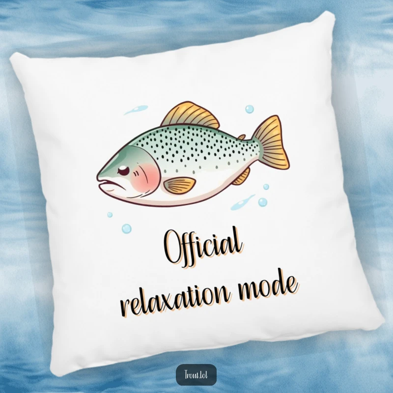 Funny pillow featuring a trout with closed eyes floating serenely in clear water, offering comfort and calm.
