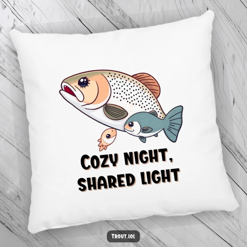 Funny pillow featuring two trout sharing a tiny glowing microorganism, offering plush comfort and a sweet, humorous tale of friendship.