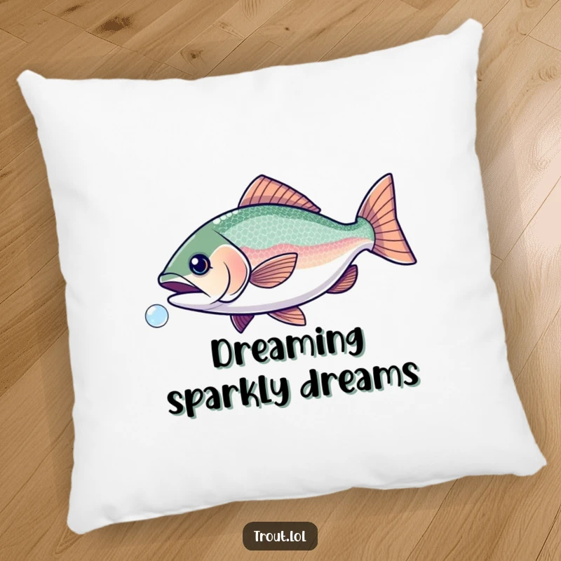Funny pillow with a trout boasting sparkly scales playfully chasing a bubble, offering comfort and humor.