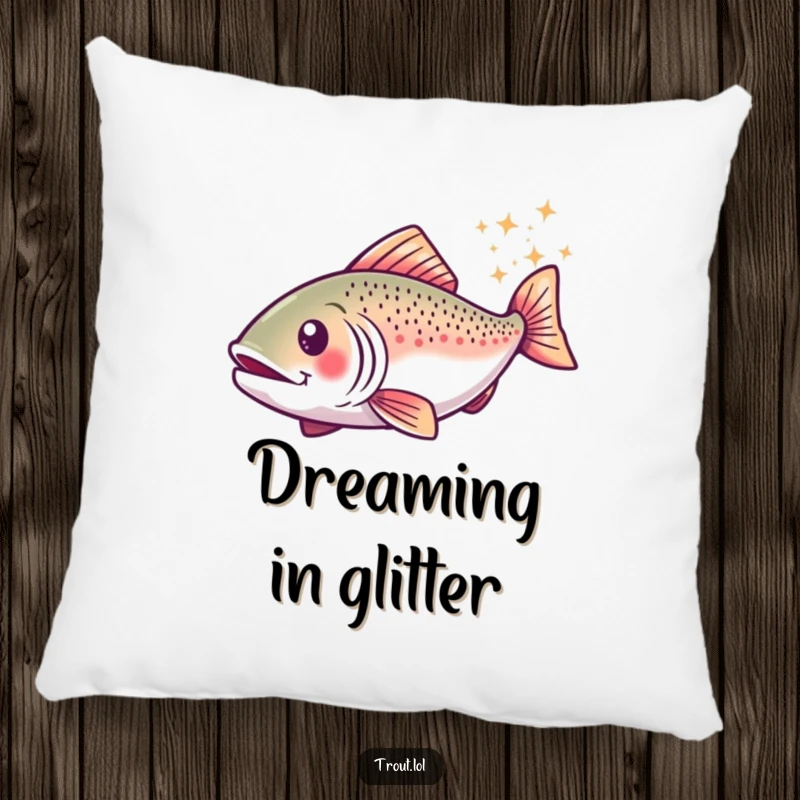 Funny decorative pillow featuring a trout in a happy swirl, leaving a trail of sparkles, offering comfort and magical humor.