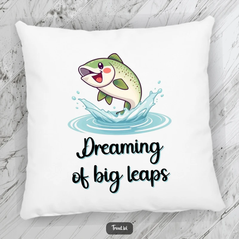 Funny pillow featuring a happy trout bursting from a water splash, bringing a sense of fun, movement, and aquatic joy.