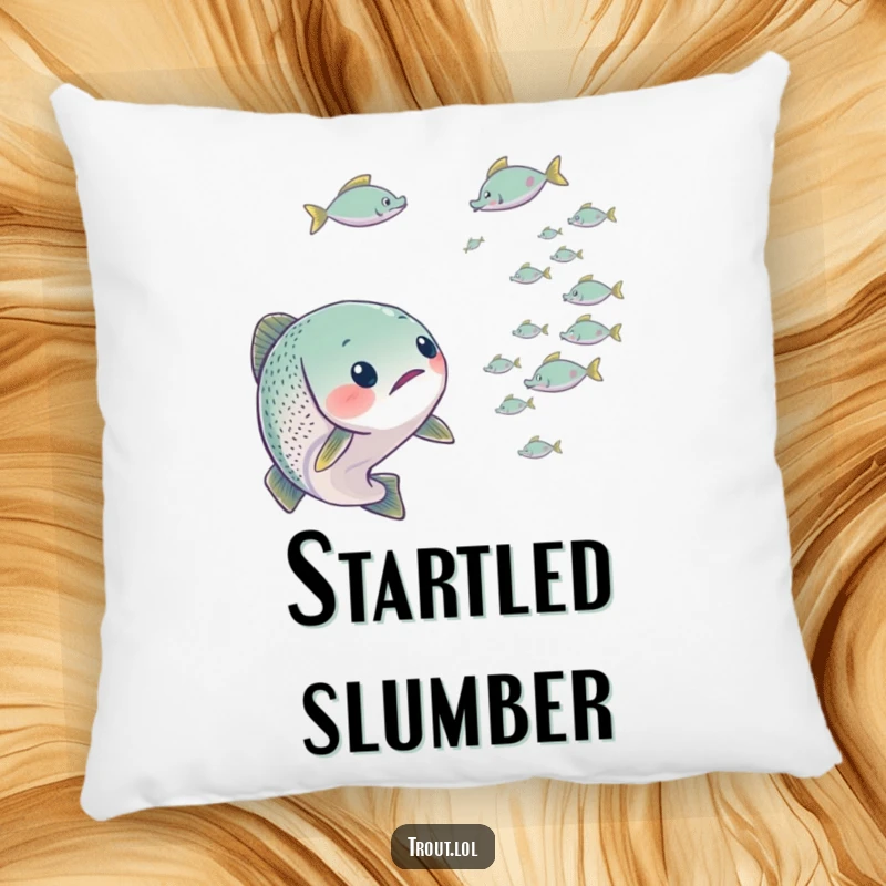 Funny decorative pillow featuring a trout looking surprised by tiny fish, offering comfort and a humorous display of reaction.