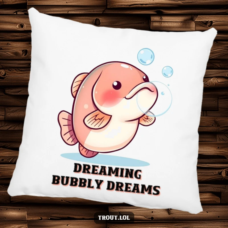 Funny pillow with a playful trout blowing a water bubble, perfect for cozy and fun decor.