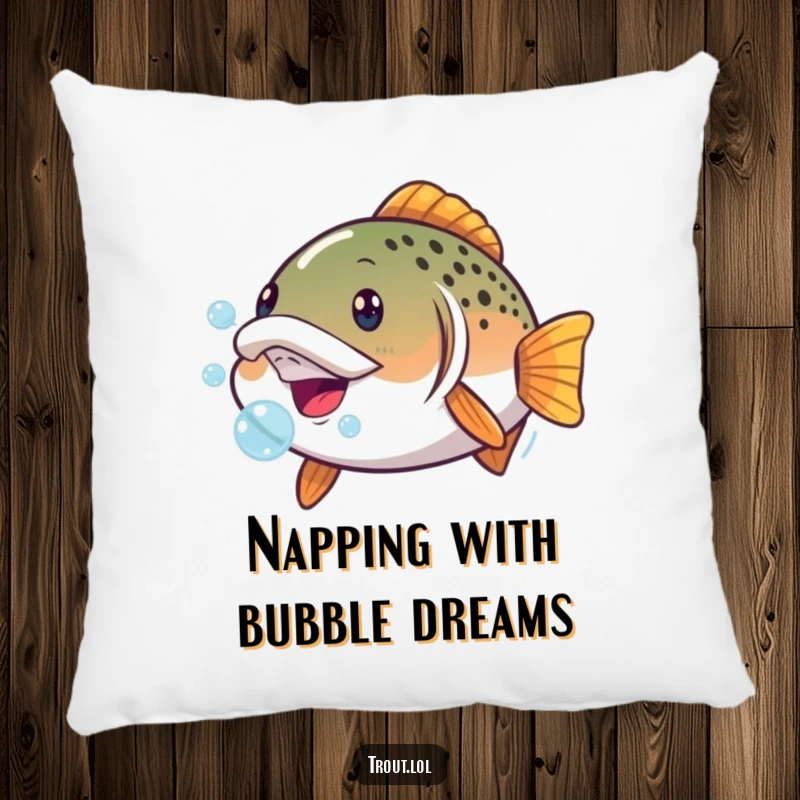 Funny pillow showcasing a trout's exaggerated comical face with mouth bubbles, offering plush comfort and a dose of aquatic silliness.
