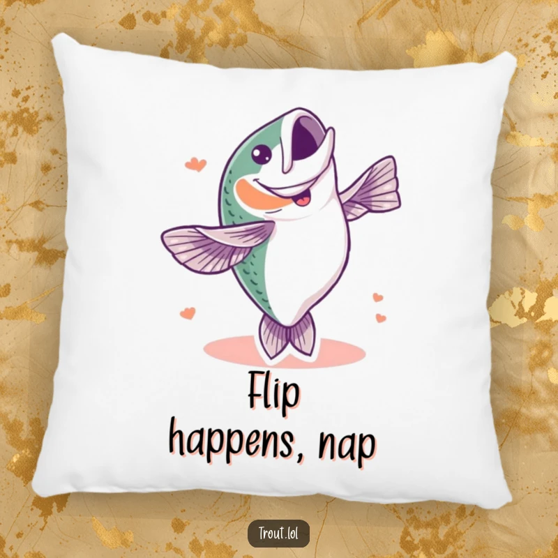 Funny throw pillow showcasing a happy trout mid-flip, bringing a playful and celebratory aquatic vibe to any room, great for fishermen.