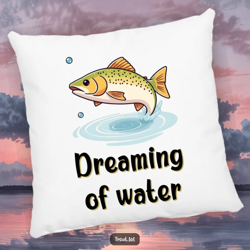 Funny pillow featuring a happy trout leaping energetically from the water, adding a touch of aquatic fun.