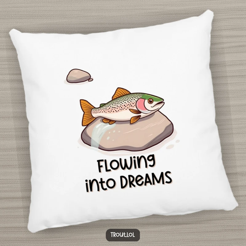 Funny pillow showcasing a trout sliding down a river rock, adding a humorous and comforting touch to decor.