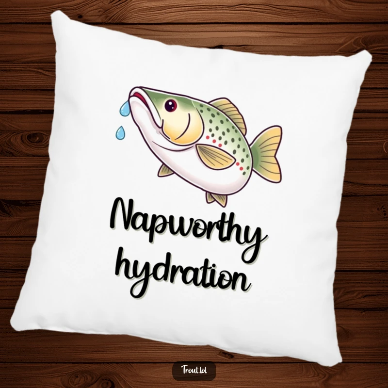Funny pillow showcasing a trout with a look of pure satisfaction as it catches a tiny water droplet on its nose.