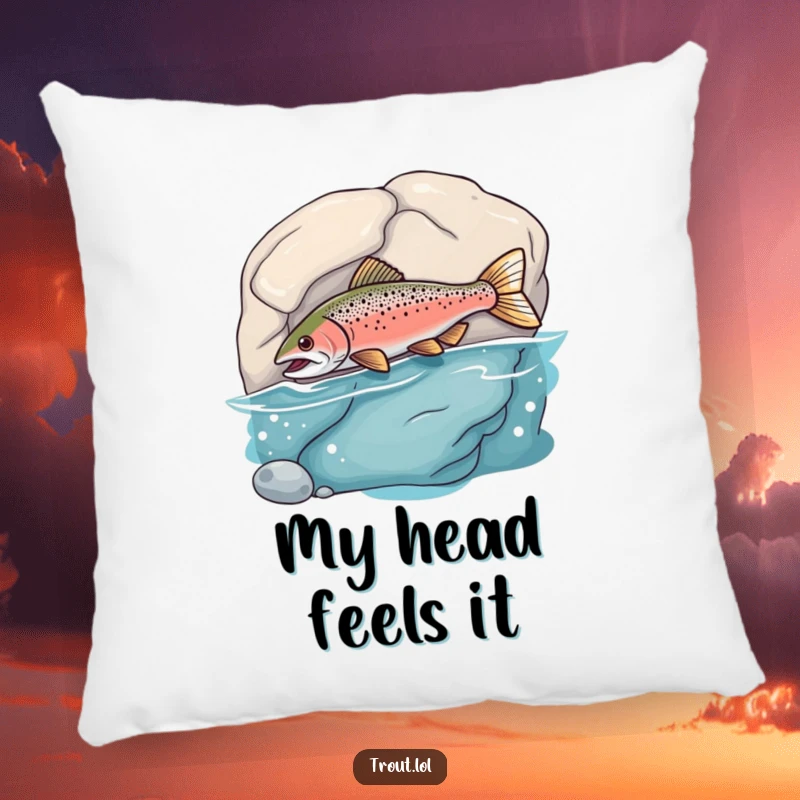 Funny Pillow featuring a trout comically bumping into a smooth rock, adding a humorous and soft touch to any room.