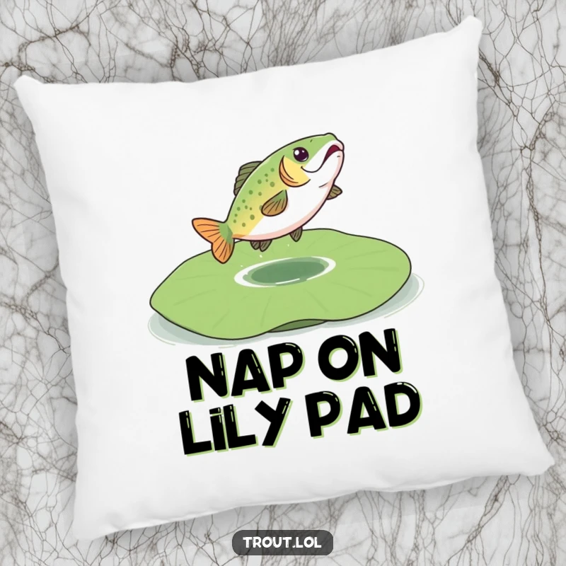 Funny pillow featuring a happy trout bouncing on a lily pad, ideal for adding comfort and a touch of whimsy.