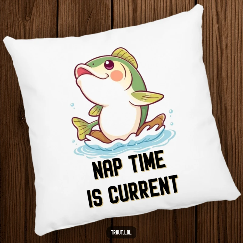 Funny trout pillow showcasing a delighted trout in a fit of giggles while floating gently down a serene river current, perfect for lounging.
