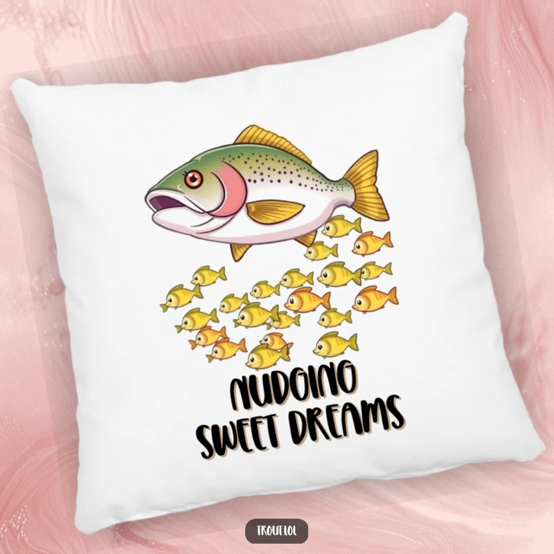 Funny pillow featuring a trout playfully nudging smaller fish, causing them to dart, ideal for adding comfort and whimsy.