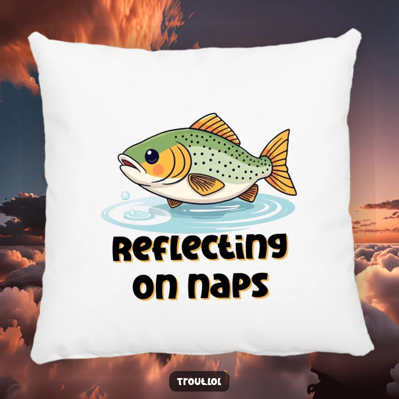 Funny pillow featuring a trout playfully chasing its reflection, providing humorous and soft comfort for relaxation.