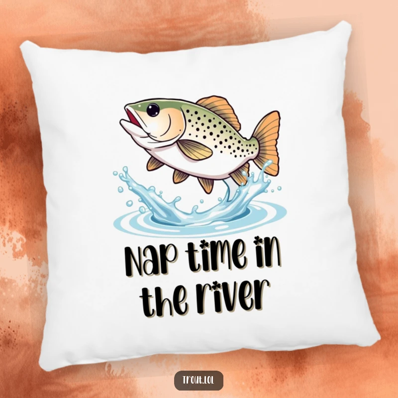 Funny Trout Pillow: Plush pillow with a cute trout joyfully splashing water with its tail, offering comfort and humor.