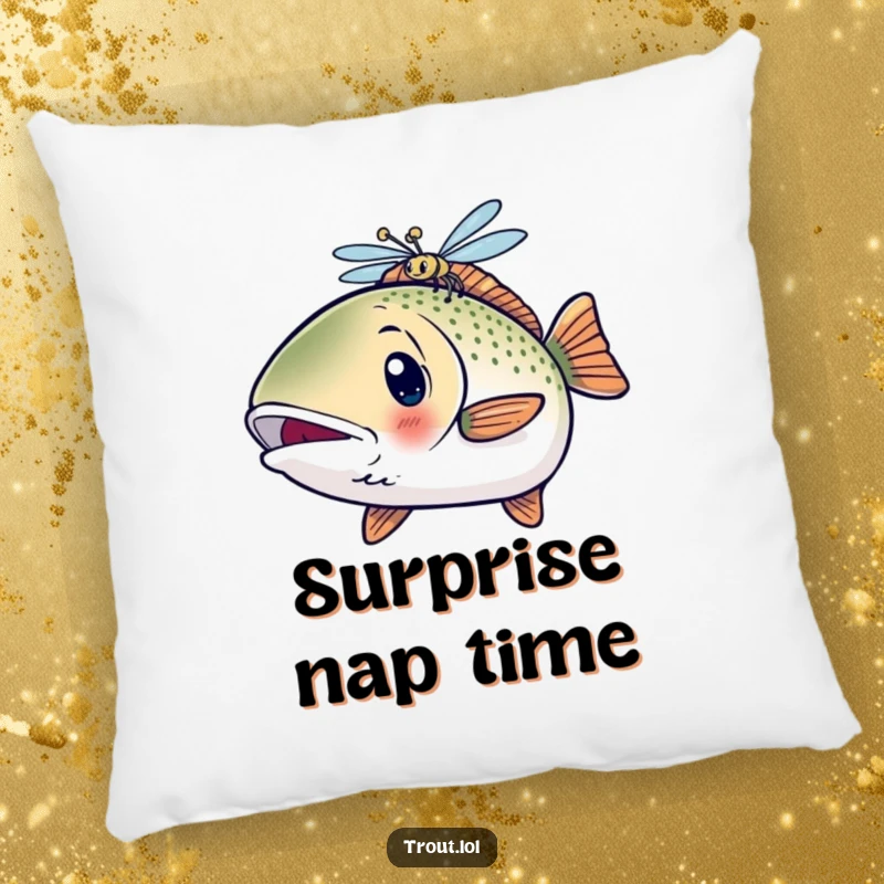 Funny Surprised Kawaii Trout Pillow featuring a shocked fish looking at a dragonfly, a plush item of humor.