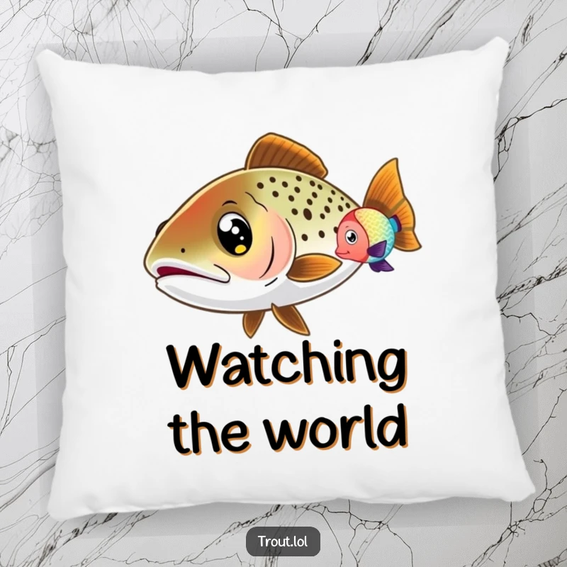 Funny Wide-Eyed Trout Pillow with a trout with wide eyes, curiously watching a colorful fish swim by, offering plush comfort and gentle humor.