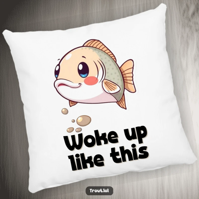 Funny pillow showing a trout with a comically surprised expression as a shiny pebble rolls by, a humorous and comfortable accent for any room.
