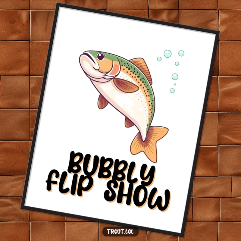 Funny digital art print of a trout performing a graceful flip underwater, leaving a trail of effervescent bubbles.